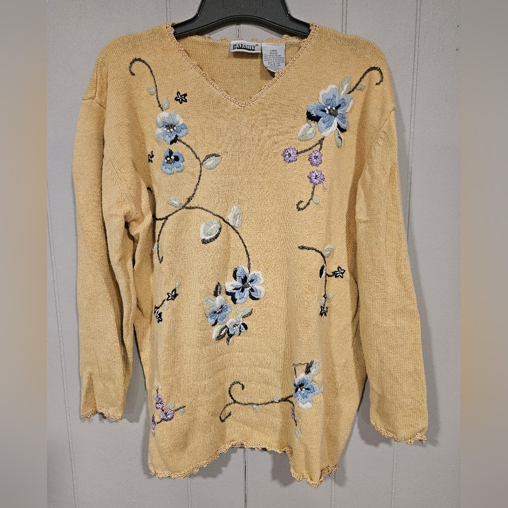 Vintage Capacity Granny Floral Embroidered Cotton Ramie Sweater Size Large Heavy